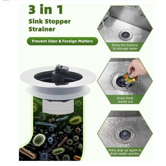 Hygie Rinse 3-in-1 Kitchen Sink Strainer Stopper Universal Pop Up Sink Drainer - Picture 5 of 6